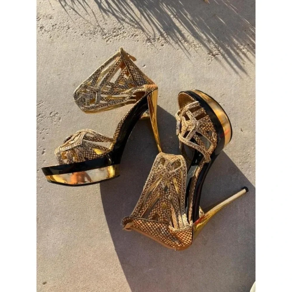 Y2K Baddie Apple Bottom Heels Gold Caged Stiletto Rhinestone Bling Size 8 1/2 - Picture 3 of 6